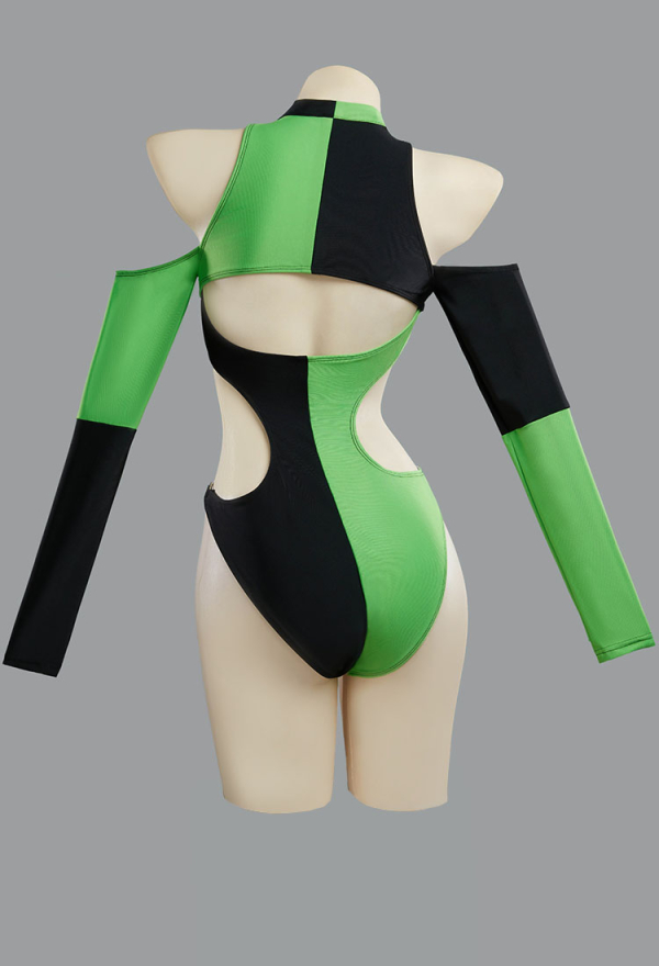 Green Menace Gothic Black Green Patchwork Swimsuit Functional Style One Piece Swimsuit Cutout Bathing Suit