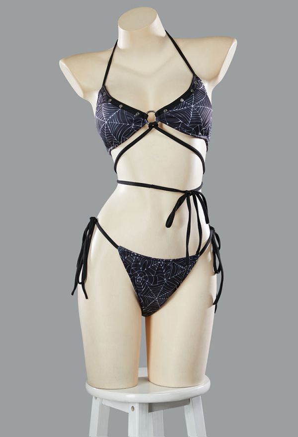 Pretty Crawler Gothic Black Pink Spiderweb Swimsuit Reversible Two-Piece Bikini Set Lace-Up Top and Bottoms