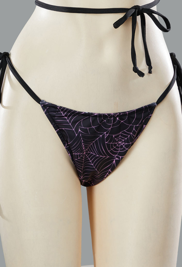 Pretty Crawler Gothic Black Pink Spiderweb Swimsuit Reversible Two-Piece Bikini Set Lace-Up Top and Bottoms