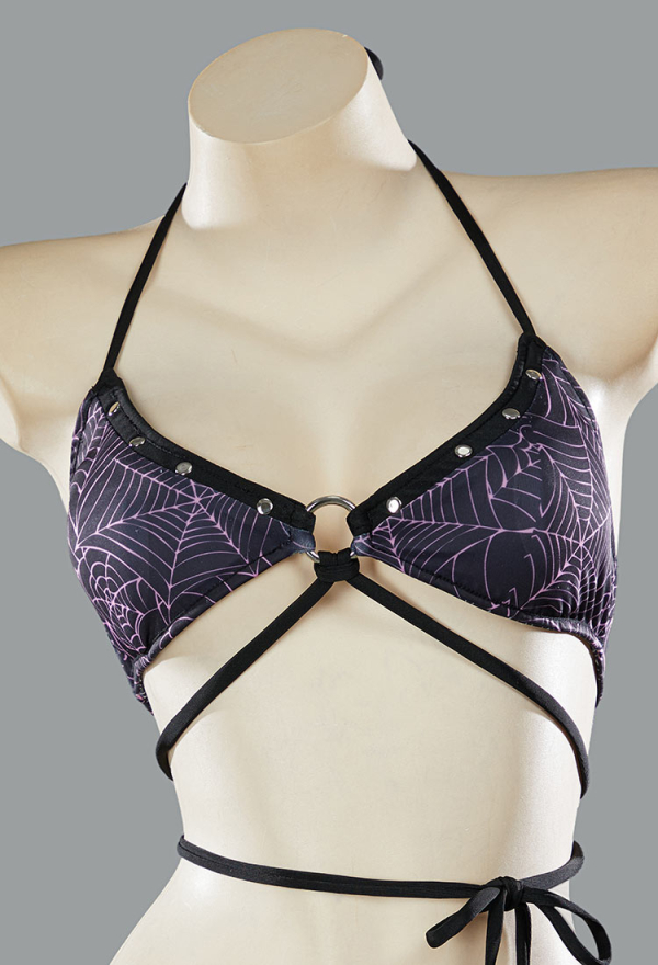 Pretty Crawler Gothic Black Pink Spiderweb Swimsuit Reversible Two-Piece Bikini Set Lace-Up Top and Bottoms