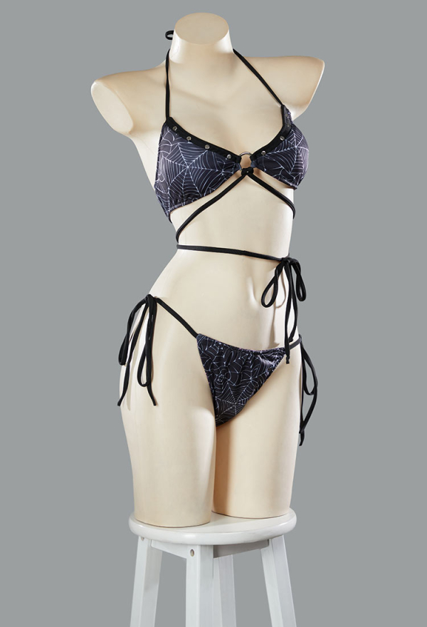 Pretty Crawler Gothic Black Pink Spiderweb Swimsuit Reversible Two-Piece Bikini Set Lace-Up Top and Bottoms