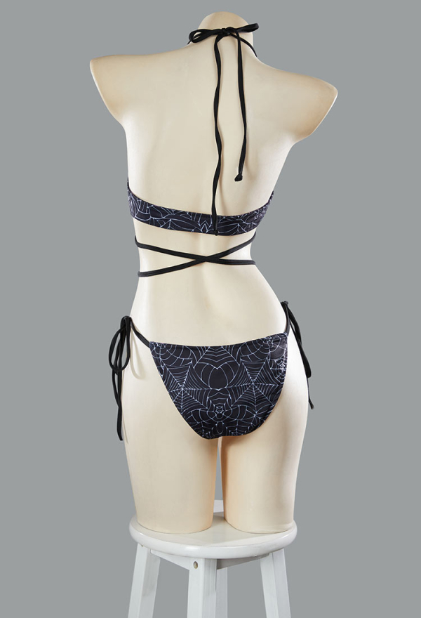 Pretty Crawler Gothic Black Pink Spiderweb Swimsuit Reversible Two-Piece Bikini Set Lace-Up Top and Bottoms