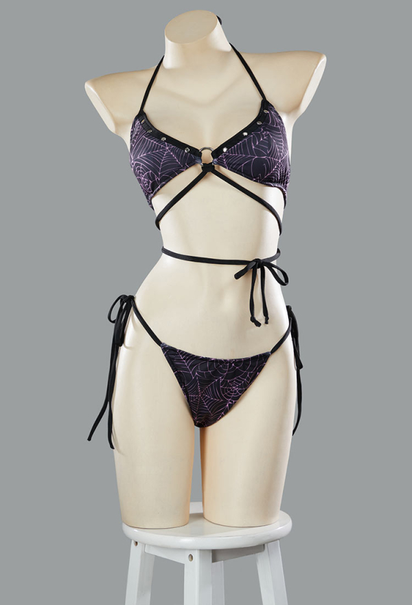 Pretty Crawler Gothic Black Pink Spiderweb Swimsuit Reversible Two-Piece Bikini Set Lace-Up Top and Bottoms