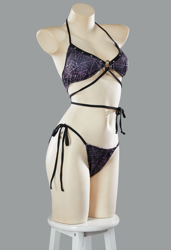 Pretty Crawler Gothic Black Pink Spiderweb Swimsuit Reversible Two-Piece Bikini Set Lace-Up Top and Bottoms