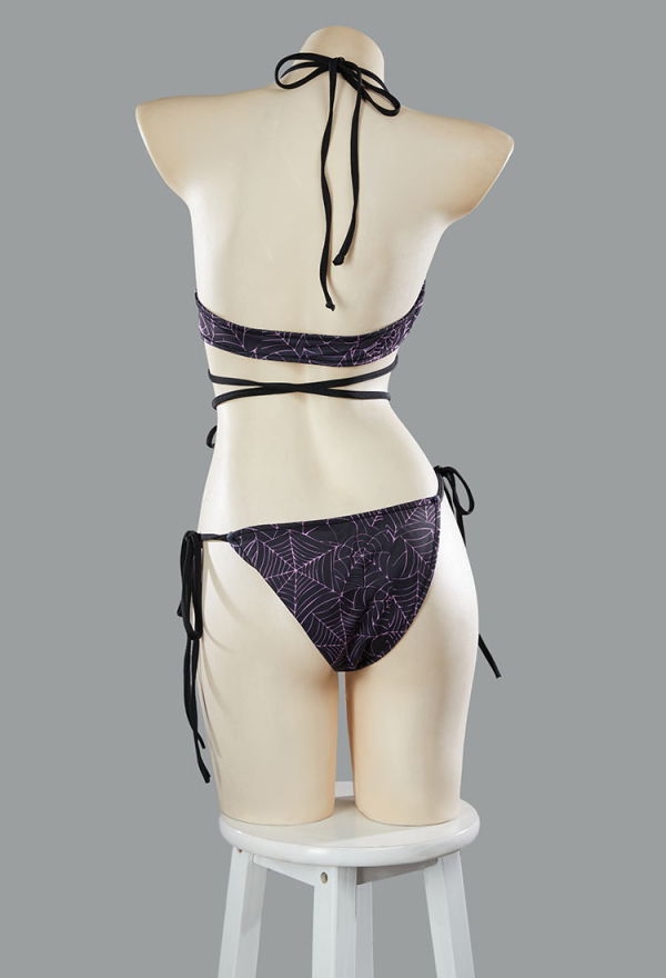 Pretty Crawler Gothic Black Pink Spiderweb Swimsuit Reversible Two-Piece Bikini Set Lace-Up Top and Bottoms
