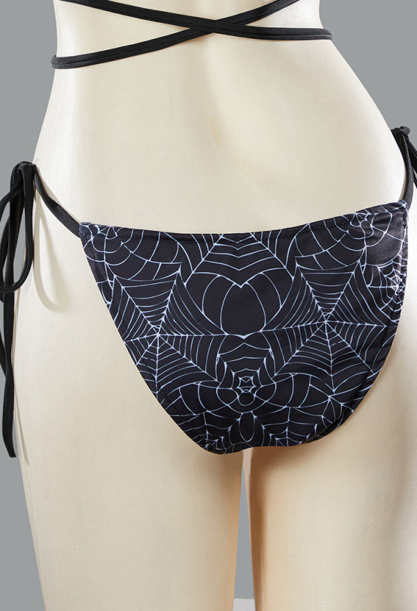 Pretty Crawler Gothic Black Pink Spiderweb Swimsuit Reversible Two-Piece Bikini Set Lace-Up Top and Bottoms