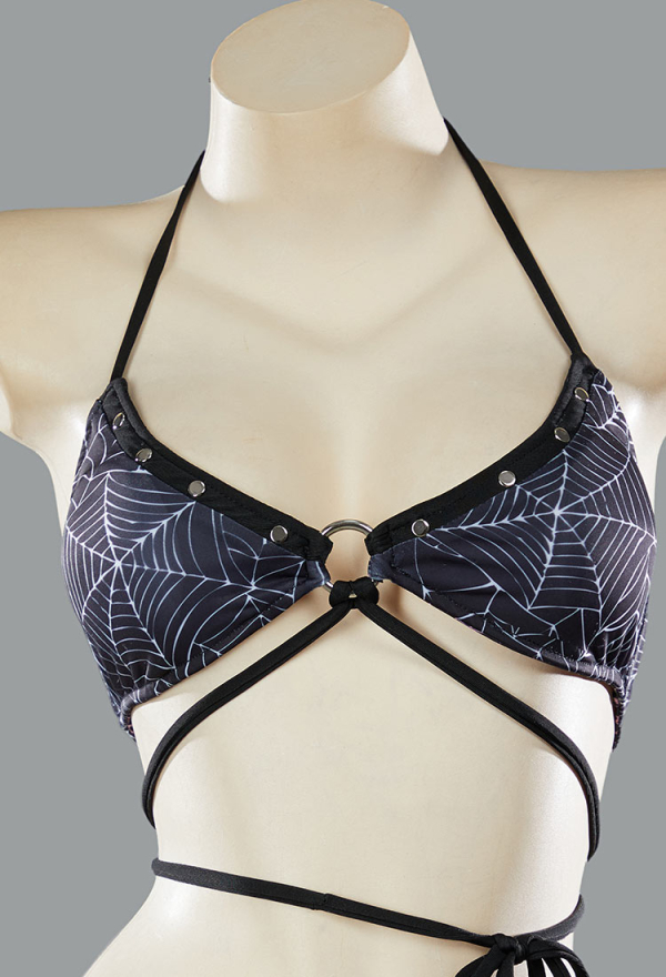 Pretty Crawler Gothic Black Pink Spiderweb Swimsuit Reversible Two-Piece Bikini Set Lace-Up Top and Bottoms