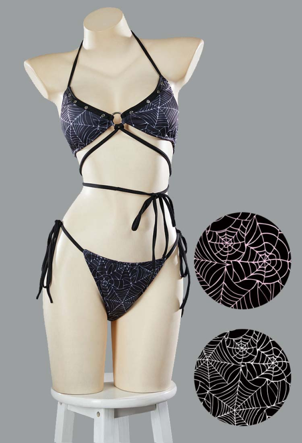 Pretty Crawler Gothic Black Pink Spiderweb Swimsuit Reversible Two-Piece Bikini Set Lace-Up Top and Bottoms