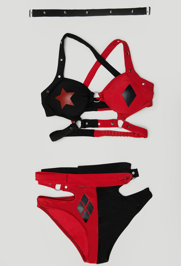 Moonlit Jester Gothic Red Black Patchwork Two-Piece Swimsuit Punk Style Bikini Set Cutout Top and Bottoms Bathing Suit with Choker Moonlit Jester Gothic Red Black Patchwork Two-Piece Swimsuit Punk Style Bikini Set Cutout Top and Bottoms Bathing Suit with Choker