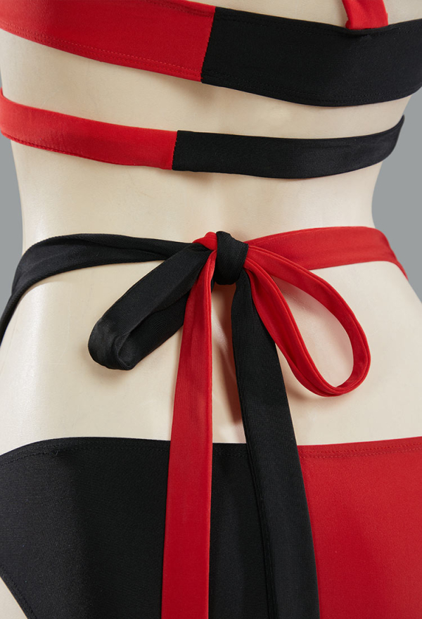 Moonlit Jester Gothic Red Black Patchwork Two-Piece Swimsuit Punk Style Bikini Set Cutout Top and Bottoms Bathing Suit with Choker Moonlit Jester Gothic Red Black Patchwork Two-Piece Swimsuit Punk Style Bikini Set Cutout Top and Bottoms Bathing Suit with Choker