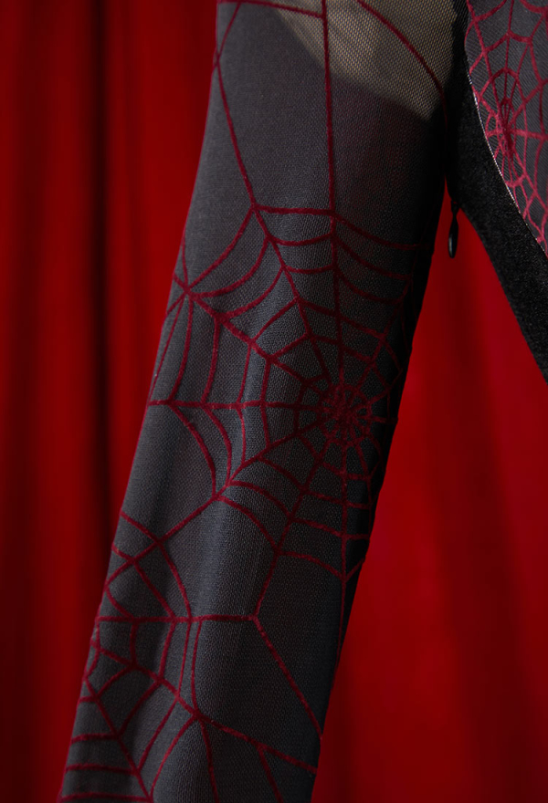 Blood Moon Silhouette Halloween Gothic Black Red Vampire Dress Spiderweb Pattern Fishtail Long Dress with Choker and Necklace