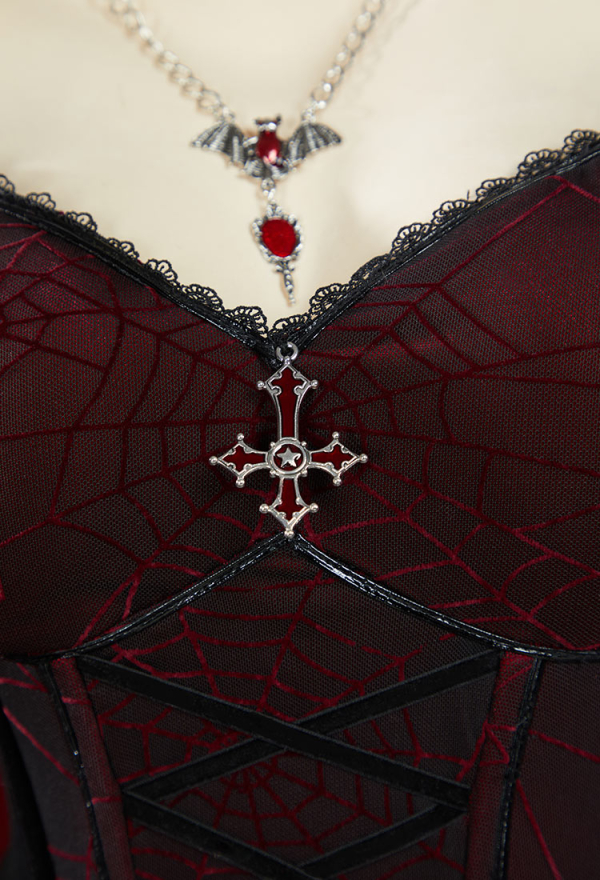 Blood Moon Silhouette Halloween Gothic Black Red Vampire Dress Spiderweb Pattern Fishtail Long Dress with Choker and Necklace