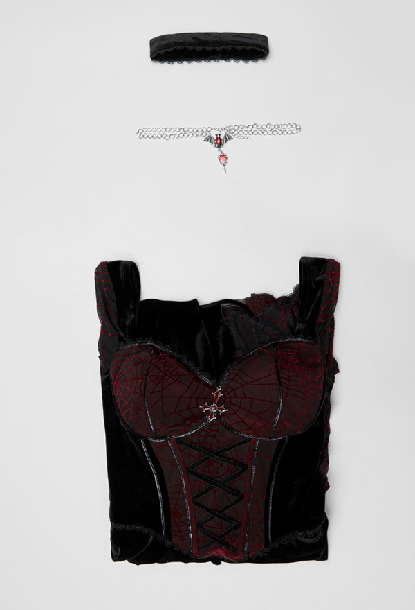 Blood Moon Silhouette Halloween Gothic Black Red Vampire Dress Spiderweb Pattern Fishtail Long Dress with Choker and Necklace