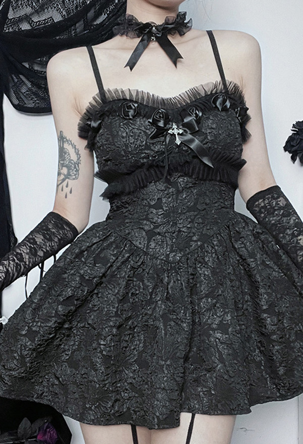 Dark Gothic Cami Dress Black Slim Fit High Waist Rose Lace Bow Decor Short Dress Dark Gothic Cami Dress Black Slim Fit High Waist Rose Lace Bow Decor Short Dress