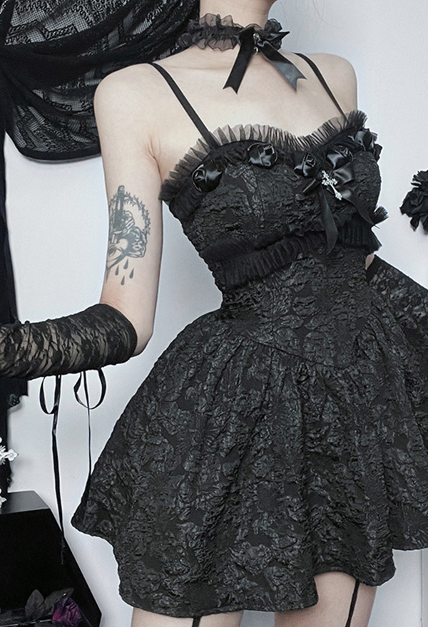 Dark Gothic Cami Dress Black Slim Fit High Waist Rose Lace Bow Decor Short Dress Dark Gothic Cami Dress Black Slim Fit High Waist Rose Lace Bow Decor Short Dress