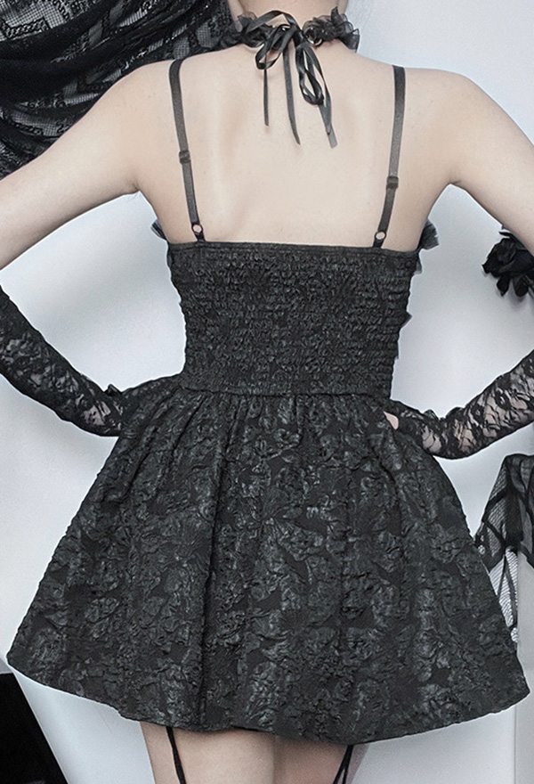 Dark Gothic Cami Dress Black Slim Fit High Waist Rose Lace Bow Decor Short Dress Dark Gothic Cami Dress Black Slim Fit High Waist Rose Lace Bow Decor Short Dress