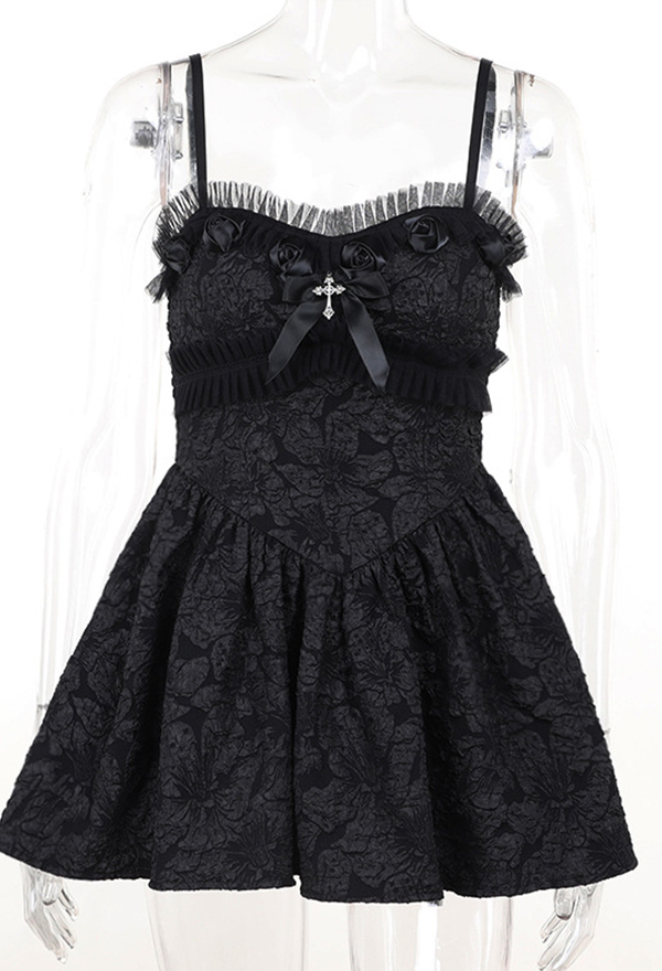 Dark Gothic Cami Dress Black Slim Fit High Waist Rose Lace Bow Decor Short Dress Dark Gothic Cami Dress Black Slim Fit High Waist Rose Lace Bow Decor Short Dress