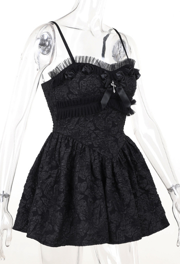 Dark Gothic Cami Dress Black Slim Fit High Waist Rose Lace Bow Decor Short Dress Dark Gothic Cami Dress Black Slim Fit High Waist Rose Lace Bow Decor Short Dress