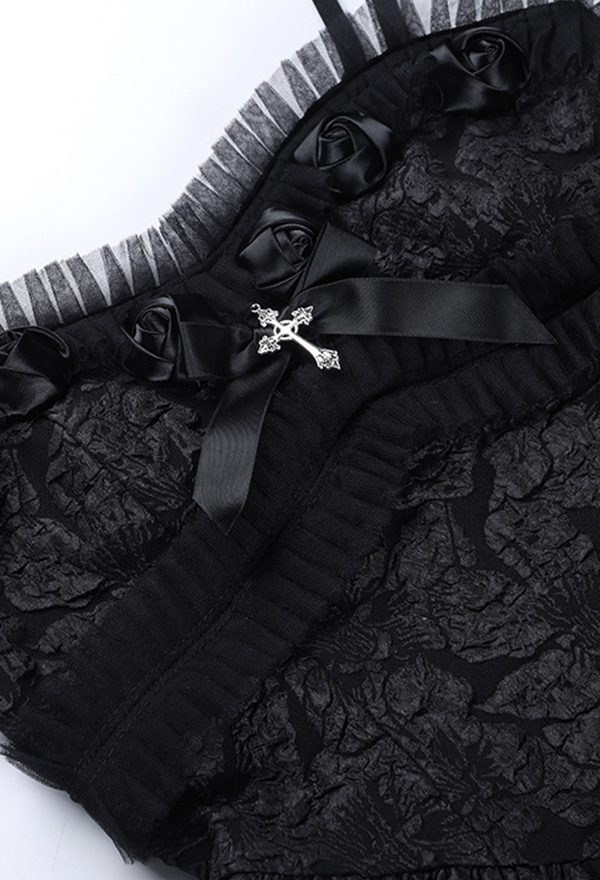 Dark Gothic Cami Dress Black Slim Fit High Waist Rose Lace Bow Decor Short Dress Dark Gothic Cami Dress Black Slim Fit High Waist Rose Lace Bow Decor Short Dress
