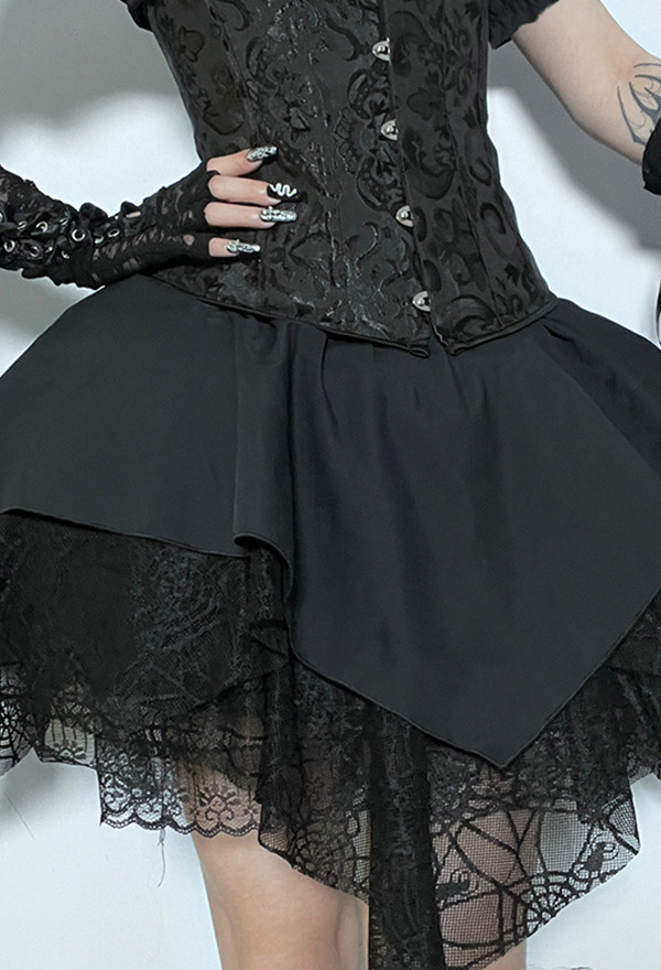 Gothic Spider Web Half Skirt Black Irregular Hem Short Skirt