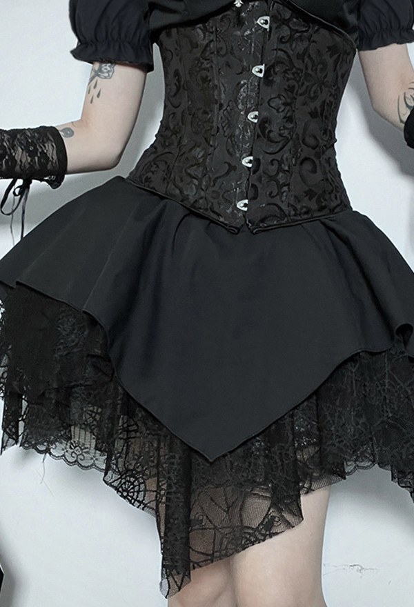 Gothic Spider Web Half Skirt Black Irregular Hem Short Skirt