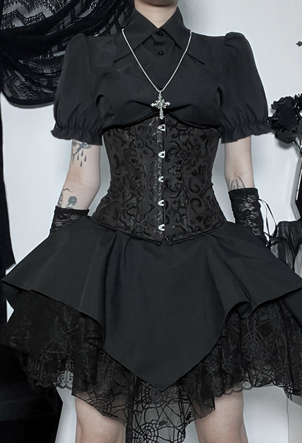 Gothic Spider Web Half Skirt Black Irregular Hem Short Skirt