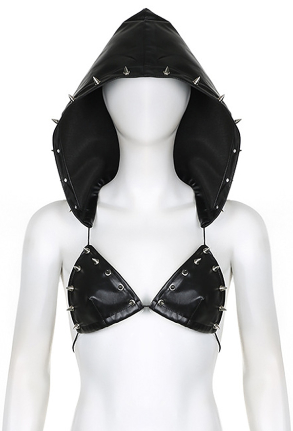 Dark Gothic Triangle Cup Hooded Top Sexy Black Punk Rivet Leather Backless Strappy Bralette