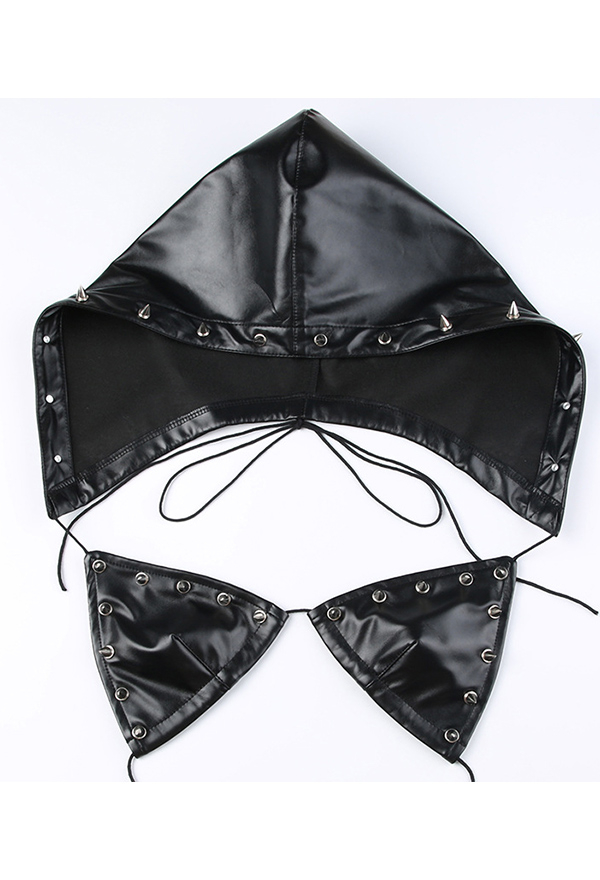 Dark Gothic Triangle Cup Hooded Top Sexy Black Punk Rivet Leather Backless Strappy Bralette