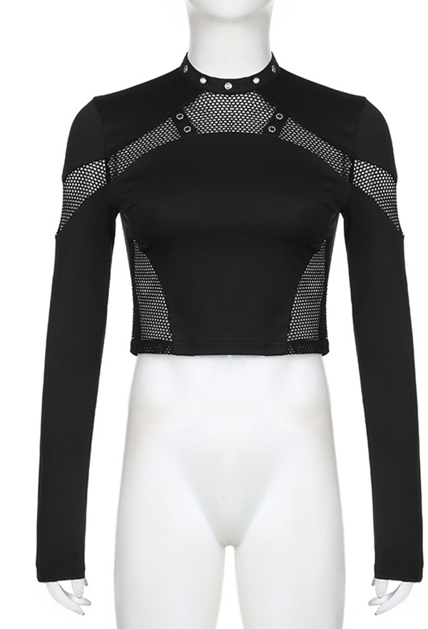 Gothic Dark Punk Crop Top Sexy Slim Fit Mesh Cutout Long Sleeve Top Gothic Dark Punk Crop Top Sexy Slim Fit Mesh Cutout Long Sleeve Top