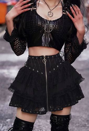 Dark Gothic Style Skirt Black Waist Bandage Lace Spliced A-Line Skirt