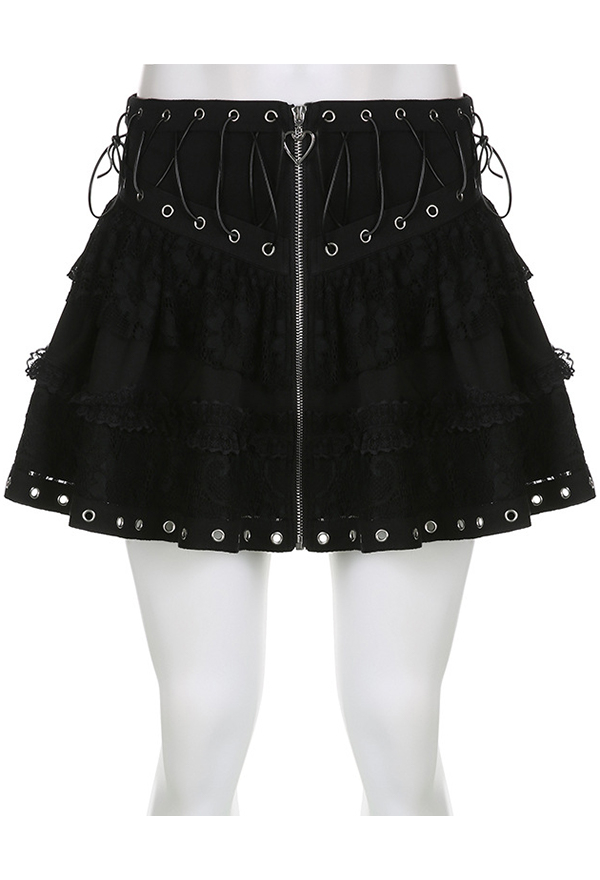 Dark Gothic Style Skirt Black Waist Bandage Lace Spliced A-Line Skirt
