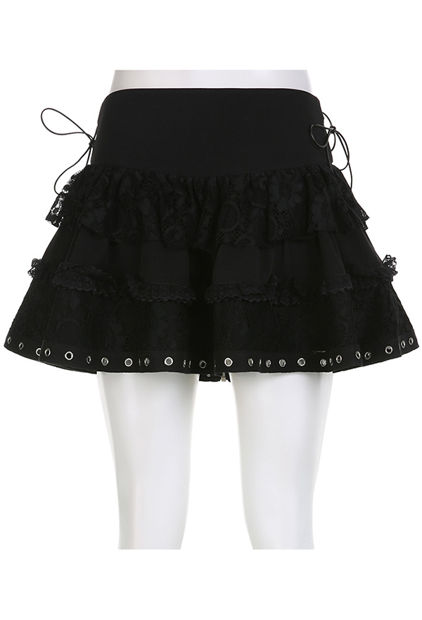 Dark Gothic Style Skirt Black Waist Bandage Lace Spliced A-Line Skirt