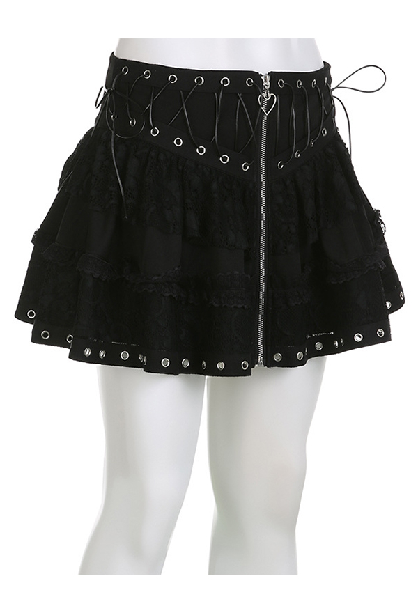 Dark Gothic Style Skirt Black Waist Bandage Lace Spliced A-Line Skirt