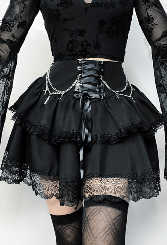 Meowcos Gothic Style Skirt Black Halloween Party Chain Cross Lace Double Layer Skirt