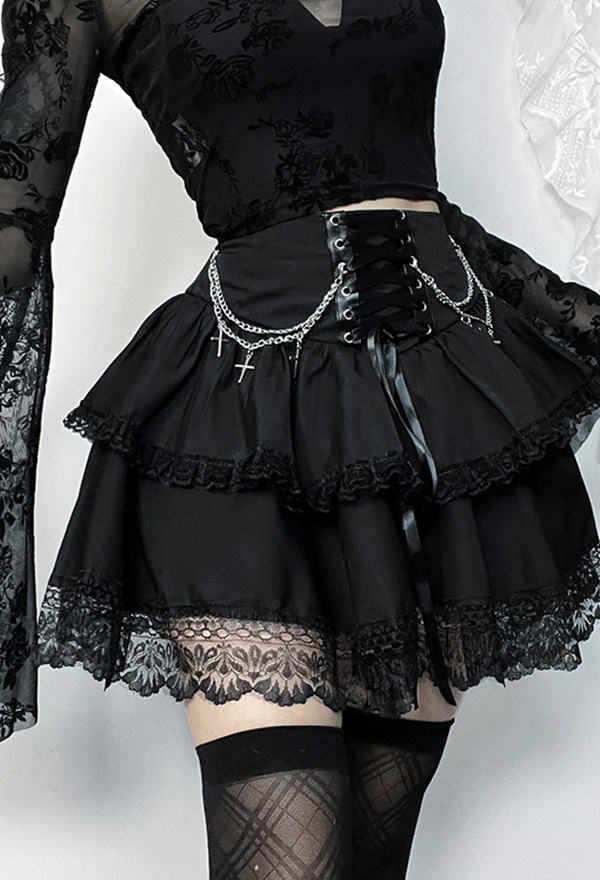 Meowcos Gothic Style Skirt Black Halloween Party Chain Cross Lace Double Layer Skirt