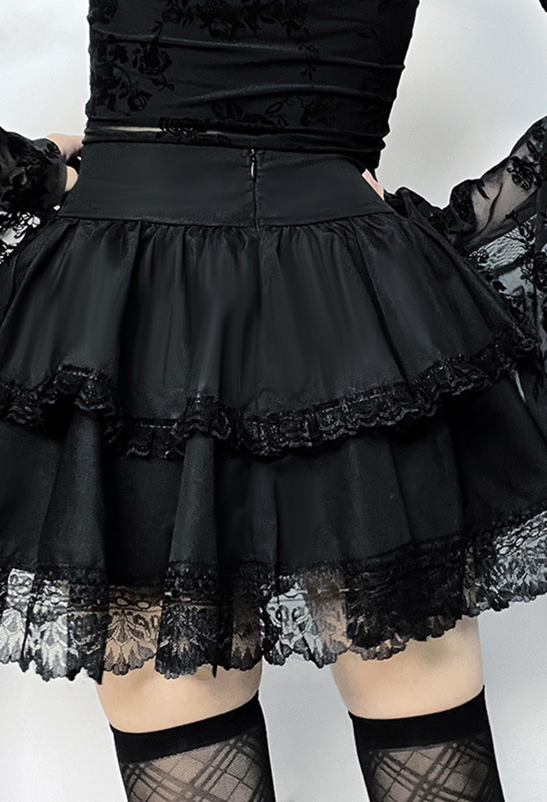 Meowcos Gothic Style Skirt Black Halloween Party Chain Cross Lace Double Layer Skirt