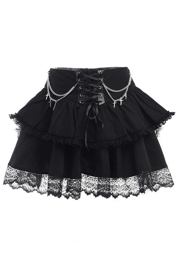 Meowcos Gothic Style Skirt Black Halloween Party Chain Cross Lace Double Layer Skirt