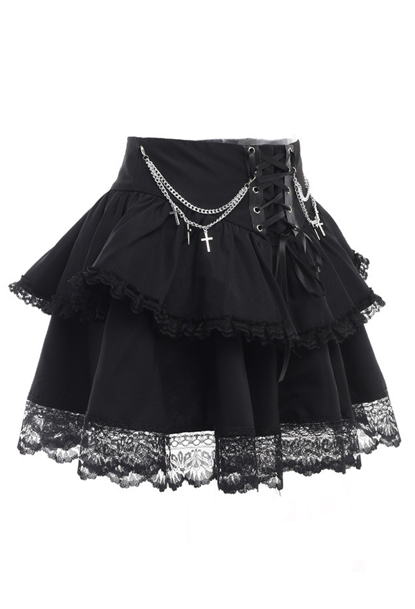 Meowcos Gothic Style Skirt Black Halloween Party Chain Cross Lace Double Layer Skirt