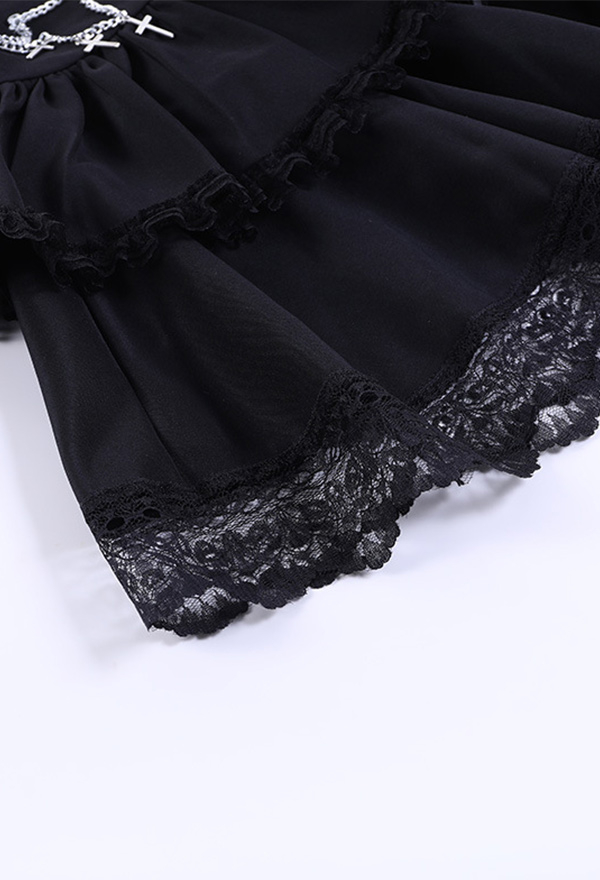 Meowcos Gothic Style Skirt Black Halloween Party Chain Cross Lace Double Layer Skirt