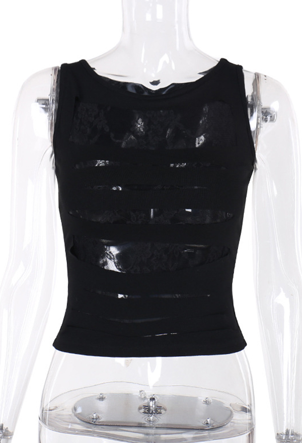 Gothic Style Crop Top Black See-Through Lace Splicing Cutout Vest Gothic Style Crop Top Black See-Through Lace Splicing Cutout Vest