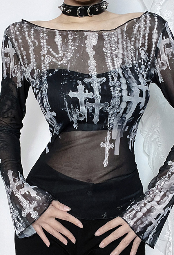 Gothic Punk Off-Shoulder Top Black White Printed Mesh Sheer Long-Sleeve Shirt Gothic Punk Off-Shoulder Top Black White Printed Mesh Sheer Long-Sleeve Shirt