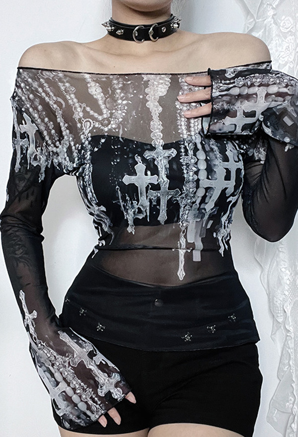 Gothic Punk Off-Shoulder Top Black White Printed Mesh Sheer Long-Sleeve Shirt Gothic Punk Off-Shoulder Top Black White Printed Mesh Sheer Long-Sleeve Shirt