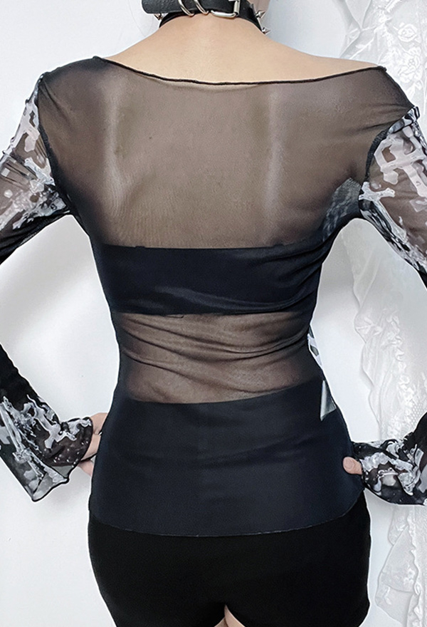Gothic Punk Off-Shoulder Top Black White Printed Mesh Sheer Long-Sleeve Shirt Gothic Punk Off-Shoulder Top Black White Printed Mesh Sheer Long-Sleeve Shirt