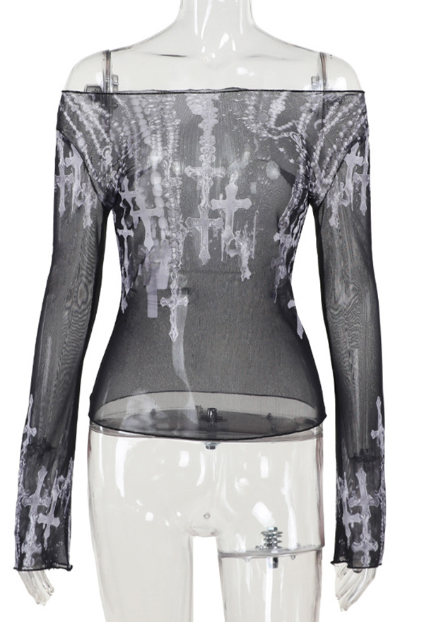 Gothic Punk Off-Shoulder Top Black White Printed Mesh Sheer Long-Sleeve Shirt Gothic Punk Off-Shoulder Top Black White Printed Mesh Sheer Long-Sleeve Shirt