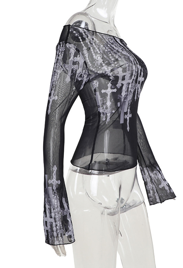 Gothic Punk Off-Shoulder Top Black White Printed Mesh Sheer Long-Sleeve Shirt Gothic Punk Off-Shoulder Top Black White Printed Mesh Sheer Long-Sleeve Shirt