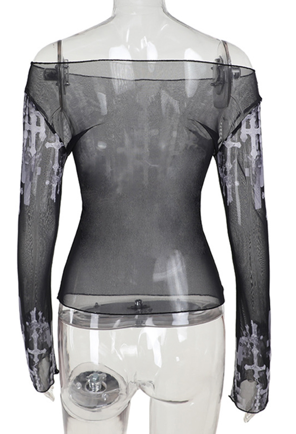 Gothic Punk Off-Shoulder Top Black White Printed Mesh Sheer Long-Sleeve Shirt Gothic Punk Off-Shoulder Top Black White Printed Mesh Sheer Long-Sleeve Shirt