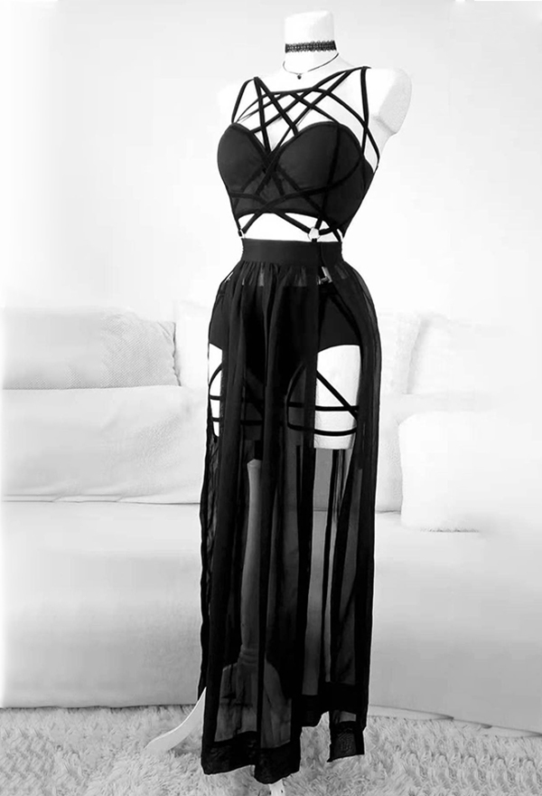 Gothic Style Three Piece Bandage Suit Black Sexy Top and Mesh Split Skirt with Underwear Gothic Style Three Piece Bandage Suit Black Sexy Top and Mesh Split Skirt with Underwear