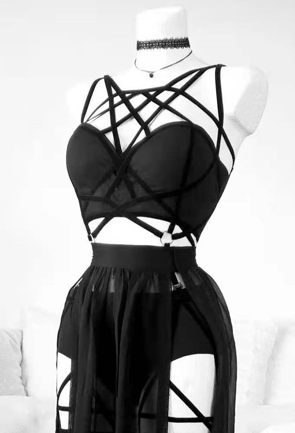 Gothic Style Three Piece Bandage Suit Black Sexy Top and Mesh Split Skirt with Underwear Gothic Style Three Piece Bandage Suit Black Sexy Top and Mesh Split Skirt with Underwear