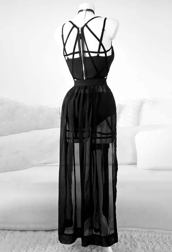 Gothic Style Three Piece Bandage Suit Black Sexy Top and Mesh Split Skirt with Underwear Gothic Style Three Piece Bandage Suit Black Sexy Top and Mesh Split Skirt with Underwear