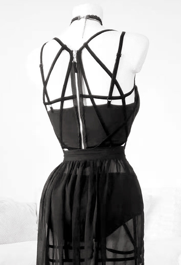 Gothic Style Three Piece Bandage Suit Black Sexy Top and Mesh Split Skirt with Underwear Gothic Style Three Piece Bandage Suit Black Sexy Top and Mesh Split Skirt with Underwear